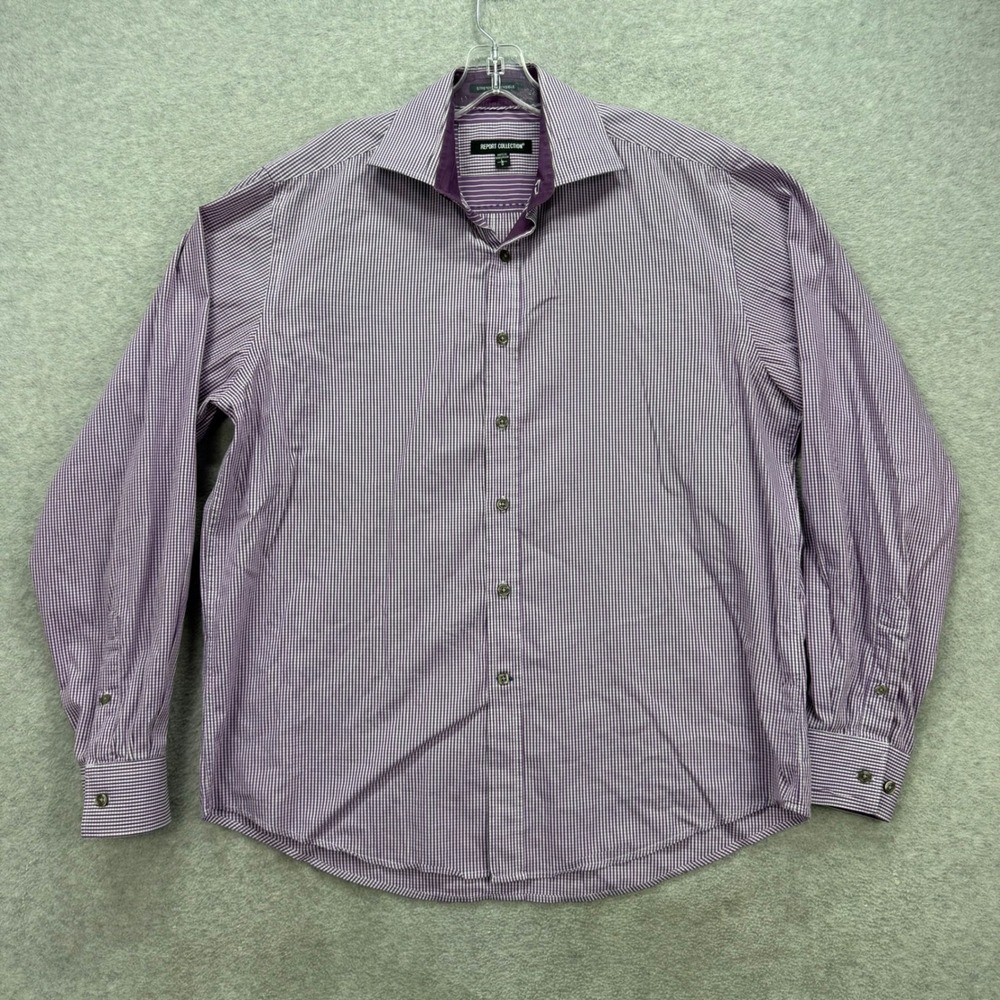 Report Collection Shirt Mens Large Purple Gingham Stretch Extensible Long Sleeve